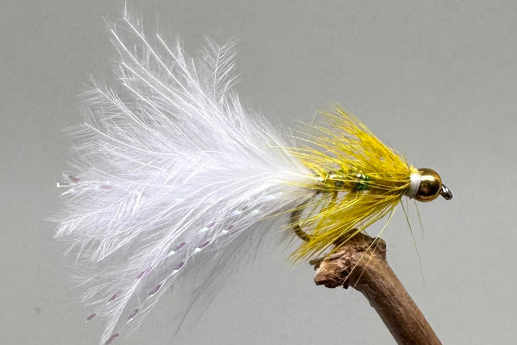Gold Head Mini Yellow Dancer White Tail x 3   (Barbed & Barbless)